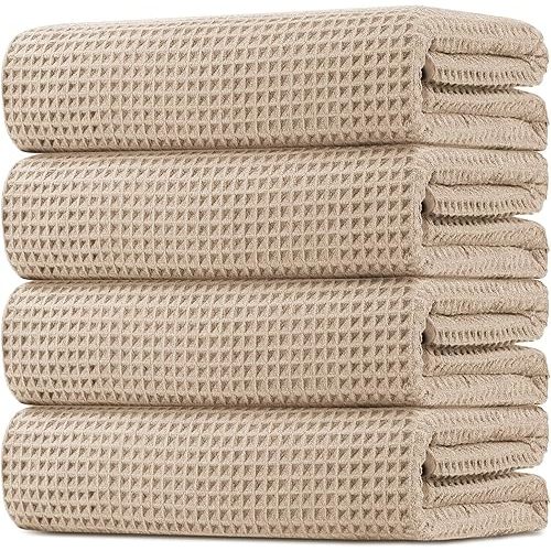 HOMEXCEL Waffle Bath Towels Set 4 Pack, Premium Microfiber Bathroom Towels, Ultra Soft, Lightweight, Highly Absorbent and Quick Dry Towel for Bathroom, Gym, Shower, Hotel, and Spa, 27 x 54 Inch, Beige