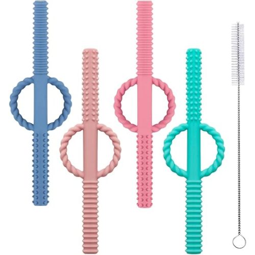 YAPROMO Hollow Teether Tube, Silicone Chew Straw Toy for Infant Toddlers 4 Pack Teething Toys for Babies BPA Free/Dishwasher and Refrigerator Safe