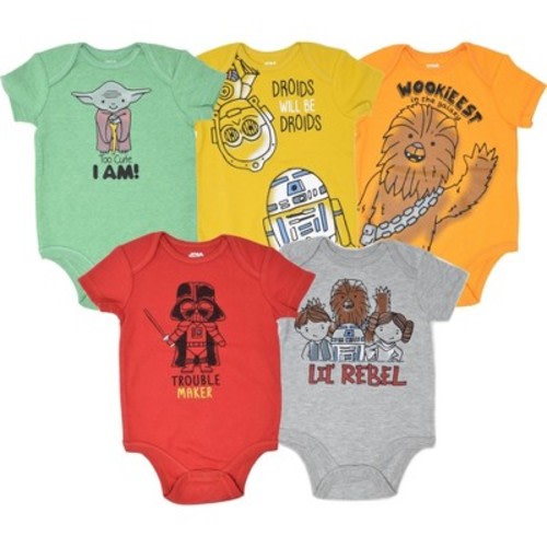 Star Wars R2-D2 C-3PO Chewbacca Yoda Darth Vader Newborn Baby Boys 5 Pack Short Sleeve Bodysuits, Color: Multicolored, Size: 3-6 months