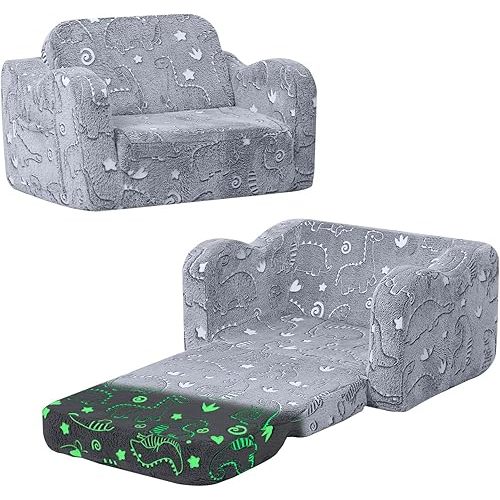 MeMoreCool Kids Dinosaur Couch, Foldable Toddler Chair, Glow in The Dark Convertible Sofa Bed, Fold Out Lounge for Boys Ages 1-3 in Playroom, Comfy Recliner Lounger (Gray)