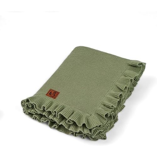 Ruffle Knit Blanket for Baby - 100% Soft Cotton Knit (Sage Green)
