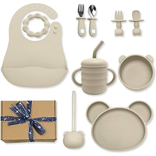 Silicone Baby Feeding Set, Baby Led Weaning Supplies, Suction Plate and Bowl, Self Feeding Spoons, Tiny Cup, Bib, First Stage Food Set, Baby Dishes, Infant Eating Utensils for 6+ Months