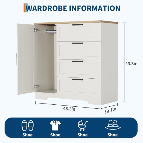 43.3'' H Armoire Wardrobe Closet with 4 Drawers and Hanging Rod