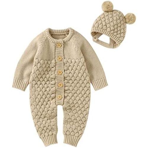 Newborn Baby Boy Girl Winter Clothes Knitted Sweater Romper Crewneck Solid Color Jumpsuit Hat Infant Fall Outfit