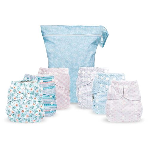 Simple Being Reusable Cloth Diapers, Double Gusset, One Size Adjustable, Washable Soft Absorbent, Waterproof Cover, Eco-Friendly Unisex Baby Girl Boy, six 4-Layers Microfiber Inserts (Stripes)