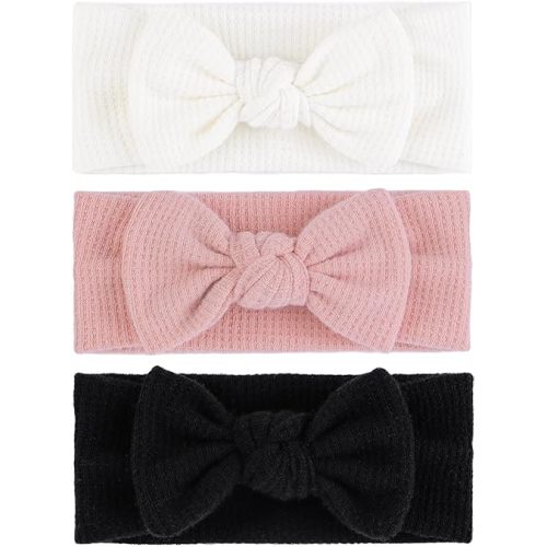 3Pcs Baby Girls 4" Hairband with Bows, Soft Headwraps Hair Accessories for Infant Toddler, 1 Count (Pack of 3), Black/White/Pink