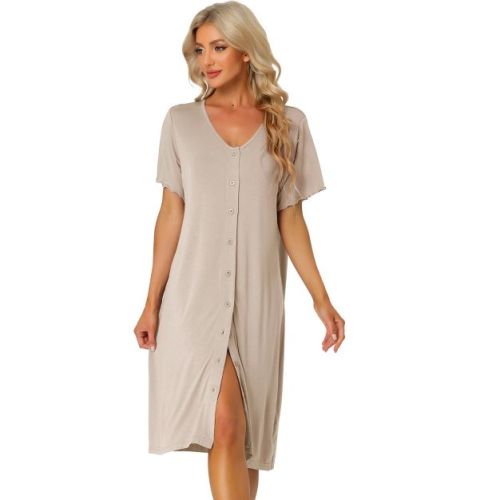 Cheibear Women's Modal Soft Button Down Short Sleeve Pajama Sleepshirt Khaki Large