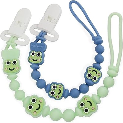 Pacifier Clips 2 Pack, Silicone Baby Pacifier Clips with One Piece Design, Frog Character, BPA Free - CPSIA Certified, Soft Flexible Paci Clip Holder