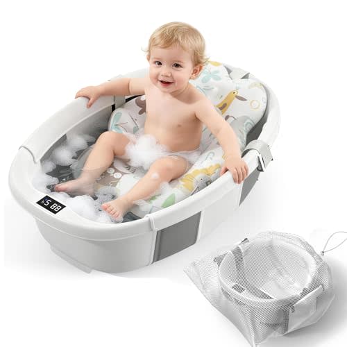 TOSGN Collapsible Baby Bathtub, 3s to Install, Baby Bath Tub with Soft Cushion & Thermometer, 0-36 Months Newborn Bathtub, Portable Travel Baby Tub, Grey
