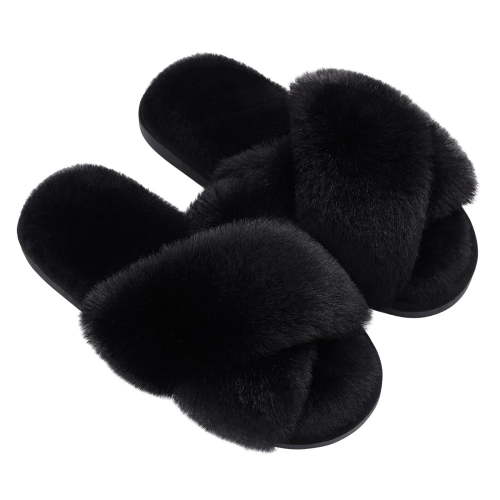 Comwarm Women's Fuzzy Slippers Open Toe Cross Band Slippers Memory Foam House Slippers for Women, Black