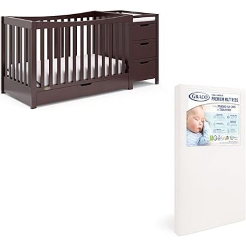 Graco REMI Convertible Crib & Changer with Premium Foam Crib and Toddler Mattress - Espresso