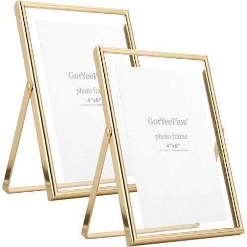 Gold 4x6" Floating Frame 2pack for picture 2x3'', 3.5x5'', Adjustable Tabletop/Shelf floating Photo Frame 2x3'', Classy Metal Gift Frames for Wedding, Thanksgiving, Christmas,Birthady, Home or Office Decor.