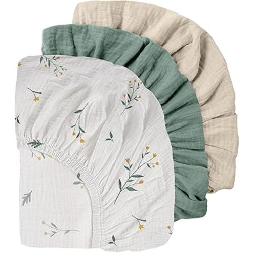 Gllquen Baby Muslin Mini Crib Sheets 3 Pack, Breathable Pack and Play Sheets Fitted Soft Cozy Cotton Pack N Play Sheets for Baby Boy Girls, Universal Fitted Mini Crib Mattresses 38"x26" (Green)