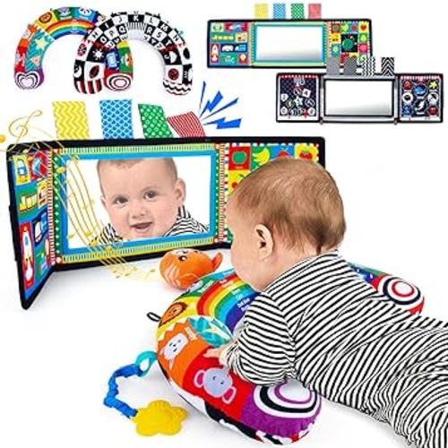 2-in-1 Tummy Time Pillow, Baby Musical Mirror Toys with Crinkle Paper & Teethers, Black and White High Contrast Baby Toys, Montessori Sensory Crawling Toys for Newborn Toddler Tummy Time Toys