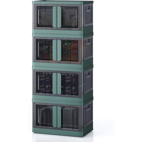 8.4 Gallon Collapsible Storage Bins with Lids, 4 Pack - Stackable Storage Bins with Doors and Wheels, Plastic Storage Cabinet for Easy Storage and Organization, Green