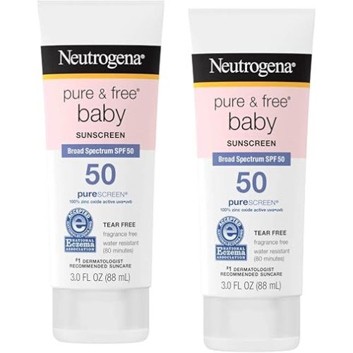 Neutrogena Pure & Baby Mineral Sunscreen Lotion with Broad Spectrum SPF 50 & Zinc Oxide, Water-Resistant, Hypoallergenic & Tear-Free Baby Sunscreen, 3 fl. oz (Pack of 2)