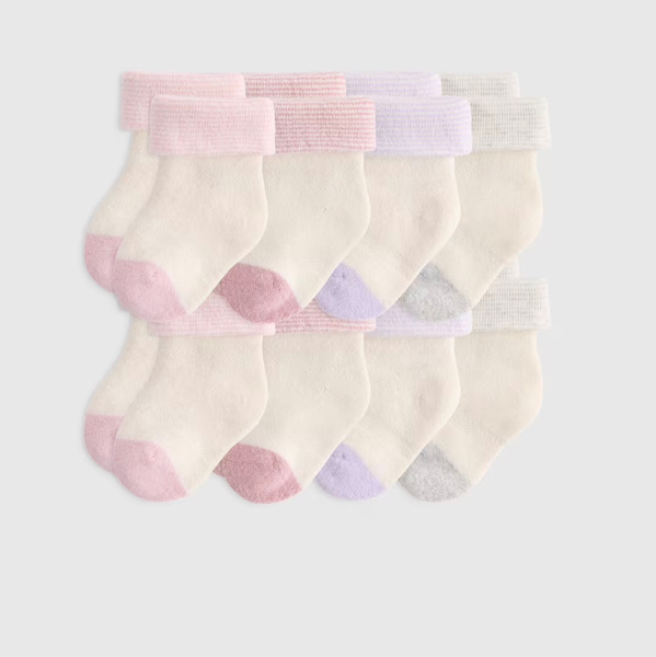 Organic Cotton Fold Over Socks 8-Pack - Baby in White/Grey