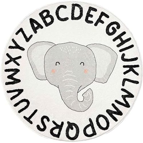 4ft ABC Alphabet Nursery Rug, Soft Fluffy Carpet for Playroom, Bedroom - Washable Non-Slip White Fuzzy Rug for Girls & Boys, Round Kids Play Rug (Baby Elephant, White)