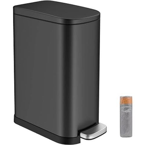 10 Liter/ 2.6 Gallon Black Bathroom Trash Can with Lid,Slim Step Trash Can with Removable Inner Bucket for Bathroom,Bedroom,Office