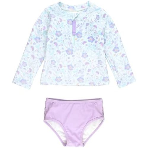 RuffleButts® Baby/Toddler Girls Long Sleeve Rash Guard 2 Piece Swimsuit Set w/UPF 50+ Sun Protection with Zipper