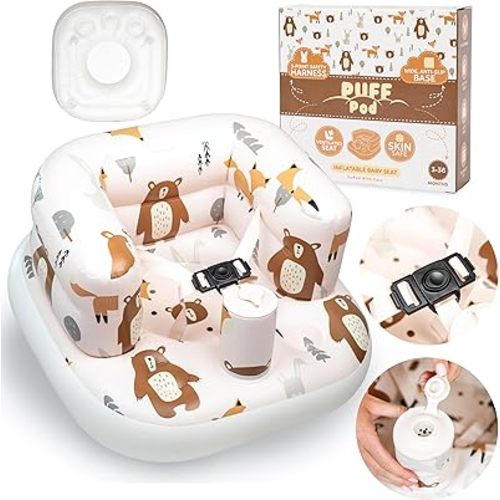 Premium Inflatable Baby Seat with Built-in Pump – Blow Up Baby Chair with Safety Harness and Non-Slip Base, Baby Sit Up Chair for Infants 3-36 Months, Portable Baby Inflatable Chair