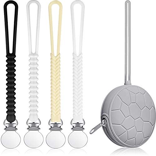 5 Pieces Pacifier Clips Set Silicone Pacifier Strap with Clip and Pacifier Holder Case Baby Silicone Pacifier Cover Protective Storage Container Leash Paci Clip for Boy and Girl Fits Most Pacifier
