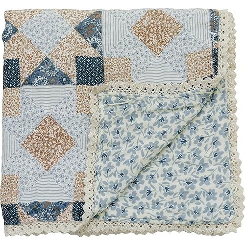 Mebie Baby Muslin Quilt, Patchwork Print and Blue Blossom, 100% Muslin Cotton Baby Blankets for Girls and Boys, Muslin Baby Blanket for Newborns, 47"x47"