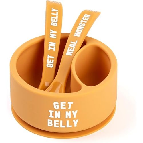 Bella Tunno Bowl and Spoon Baby Feeding Set – Suction Bowl and Baby Spoon for Toddlers and Kids, Baby Led Weaning Spoons and Bowls with Non-Toxic, BPA Free Silicone, Get in my Belly/Meal Monster