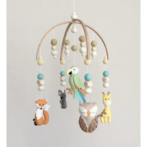 Safari Themed Nursery Felt Baby Mobile,Parrot Giraffe Fox Owl Movable crib mobile,Handmade Natural Crib Mobile,Babyshower Gift, newborn gift