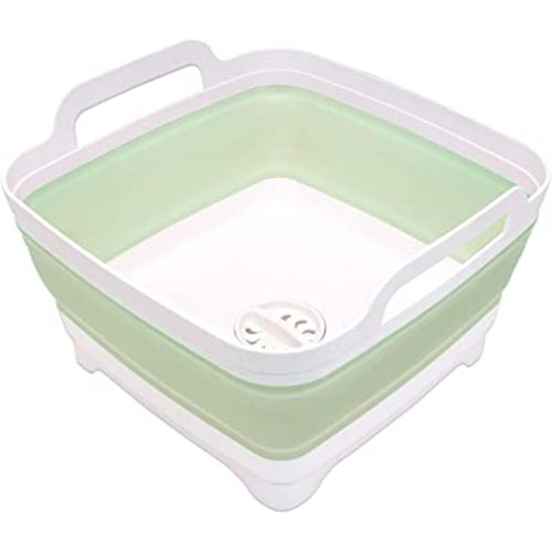 2.4 Gal(9L) Collapsible Dish Basin with Drain Plug, Space Saving Outdoor Multiuse Foldable Sink Tub, Dishpan, Kitchen Storage Tray for Camping, Vegetable Washing, RV (Green)