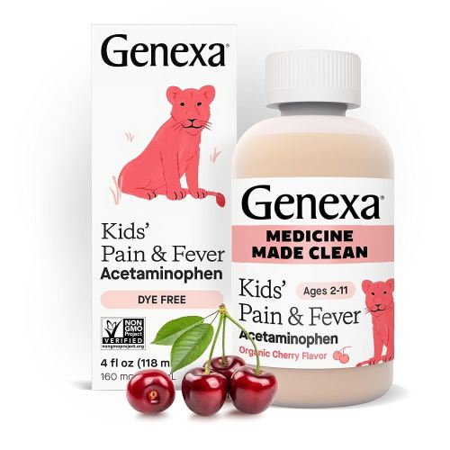 Genexa Kids’ Clean Pain & Fever Acetaminophen, Dye Free, 0% Artificial Additives, Delicious Organic Cherry Flavor, Liquid Oral Suspension Medicine for Children 2-11, 160 mg per 5mL, 4 fl oz