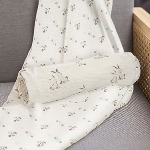 Crane Baby 100% Organic Cotton Bunny Single Baby Swaddle Wrap for Boys and Girls, Gender Neutral Newborn Swaddling Blanket, Baby Registry and Gift, 47 x 47 inches