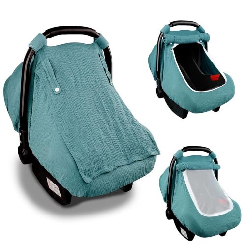 Muslin Car Seat Covers for Babies, Summer Baby Car Seat Cover for Boys Girls with Breathable Window, Lightweight Infant Car Seat Canopy, Blue