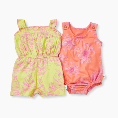 Burt's Bees Baby 2-Pack Transparent Jungle Romper Set Organic Cotton Shortalls - Green/Peach, 0-3 M