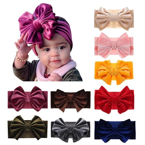JIAHANG Baby Girls Velvet Big Bow Headband, Turban Knotted Hair Bands, Wide Velour Head Wrap 9Pcs for Newborn