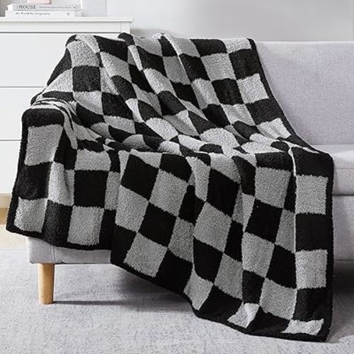 WRENSONGE Checkered Throw Blanket, Black Grey Checkered Soft Cozy Fluffy Warm Hand Made Throw Blankets for Couch, Sofa, Chair, Bed, Picnic,Travel Lightweight Bed Blankets for Men