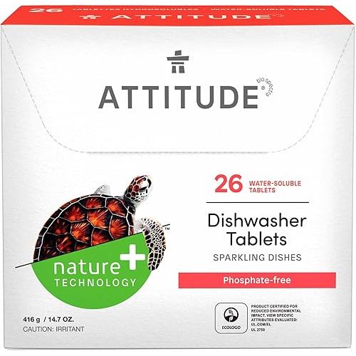 ATTITUDE Dishwasher Pods, Naturally Derived Dishwashing Detergent, Vegan and Plant-Based Dish Soap Tablets, Phosphate Free, Unscented, 26 Count