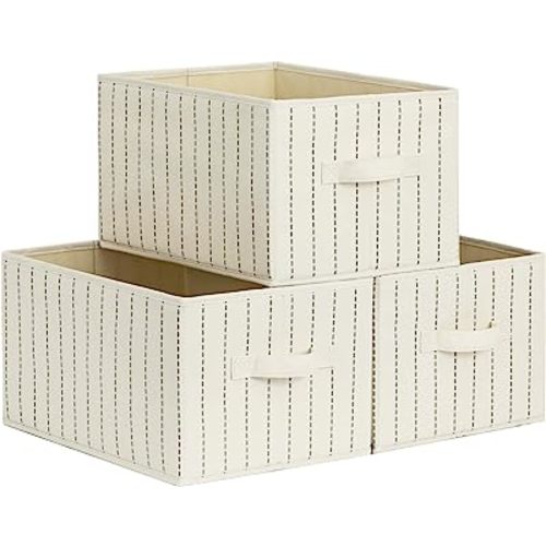 StorageWorks Storage Bins for Shelves, Storage Baskets and Clothes Organizer with Handles, Fabric Closet Bins, White with Grey, Dotted Line, 3-Pack
