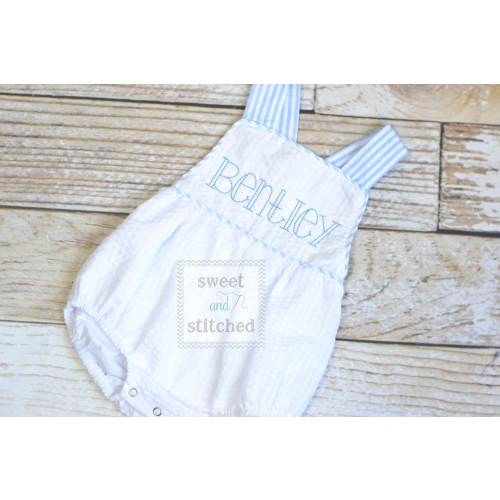 Monogrammed baby boy outfit, monogrammed boys seersucker bubble, baby boy romper, sunsuit, summer beach outfit, personalized boys clothing