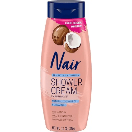 Nair Sensitive Formula Shower Cream, Quick and Easy Hair Removal Cream with Coconut Oil and Vitamin E for Body, 12 oz
