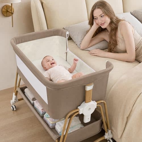 suihuooo 4-in-1 Baby Bassinet, Portable Bassinet Bedside Sleeper with Wheels and Storage Basket, 7 Height Adjustable Breathable Mesh Rocking Bassinet with Mosquito Net for Newborn-Khaki Brown