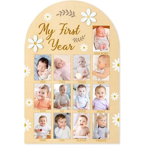R HORSE My First Year Photo Display Wood Board, 3D Daisy Baby's First Year Picture Frame 12 Months Milestone Board Neutral Baby Keepsake Birthday Nursery Decor Gift for Boy Girl