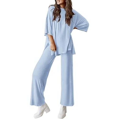PRETTYGARDEN Women's 2 Piece Outfits Casual Short Sleeve Pullover Tops and Wide Leg Pants Lounge Sets Tracksuits