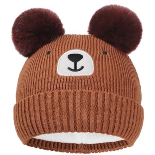 Baby Cute Bear Beanie with Pompom, Infant Toddler Warm Knitted Hats Winter Cap for Boys Girls