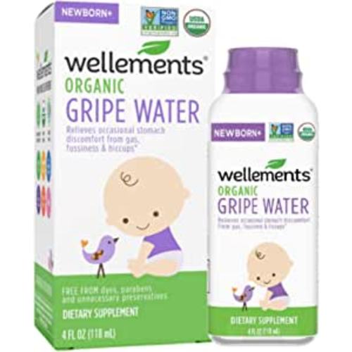 Wellements Organic Gripe Water 4 Fl Oz, Relief for Occasional Baby Gas, Colic & Fussiness, Herbal Remedy Of Chamomile, Fennel Seed & Ginger Root, USDA Certified Organic, Gluten Free & Non GMO, Ages Newborn+
