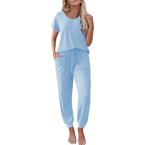 Ekouaer Pajama Sets for Women 2 Piece Lounge Sets Short Sleeve Pullover Top and Jogger Pants Pjs Sleepwear Tracksuit S-XXL