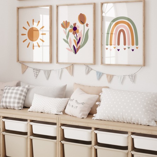 Boho Rainbow Sun Flower Prints: Girl Nursery Decor (Digital Download)