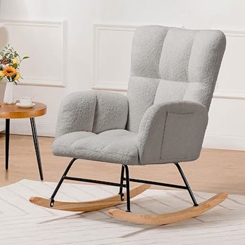 COMHOMA Nursery Rocking Chair, Teddy Upholstered Glider Rocking Chair with Side Pockets, Accent Chair with High Backrest Reading Chair for Adult, Nursery, Bedroom, Living Room,Offices(Grey)