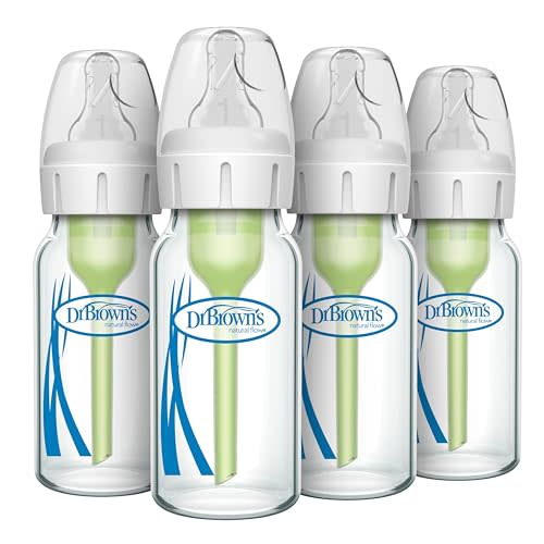 Dr. Brown's Natural Flow Anti-Colic Options+ Narrow Glass Baby Bottle 4 oz/120 mL, with Level 1 Slow Flow Nipple, 4 Pack, 0m+