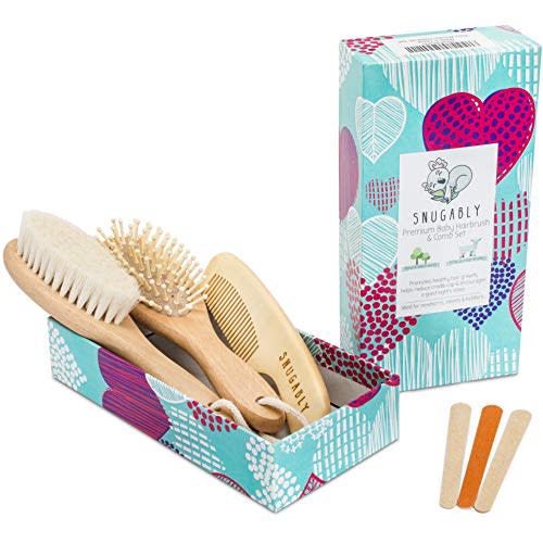 Baby Hair Brush and Comb Set for Newborn and Toddler - Infant Grooming Kit - Natural Soft Goat Bristles - Wooden Hairbrush for Cradle Cap - Essential Baby Shower Registry Gift for Kids Boys and Girls